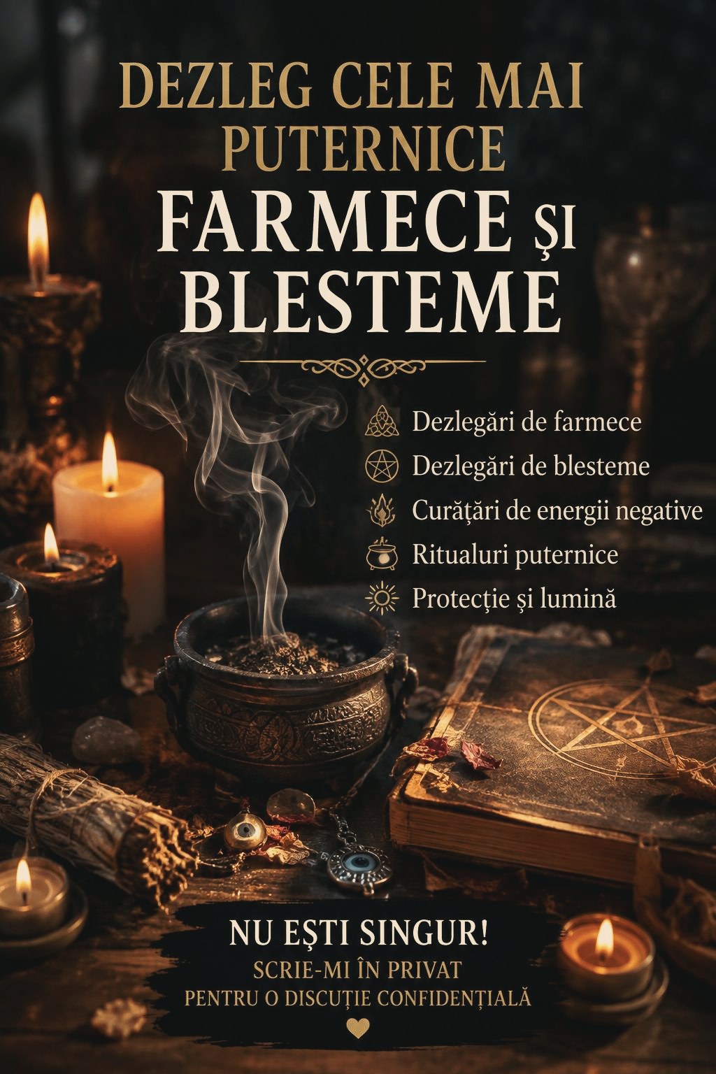 Afiș: un vas cu fum, lumânări aprinse, ierburi uscate și o carte veche, pe o masă de lemn. Afișul poartă și text, scris și în pagină, alături.