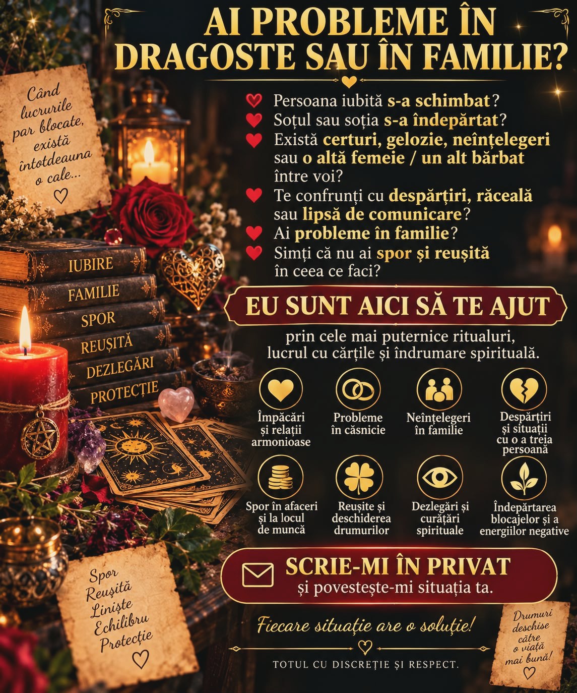 Afiș: lumânări aprinse, un trandafir roșu, cărți de tarot și un teanc de cărți vechi, pe o masă. Afișul poartă text despre problemele în dragoste și în familie.