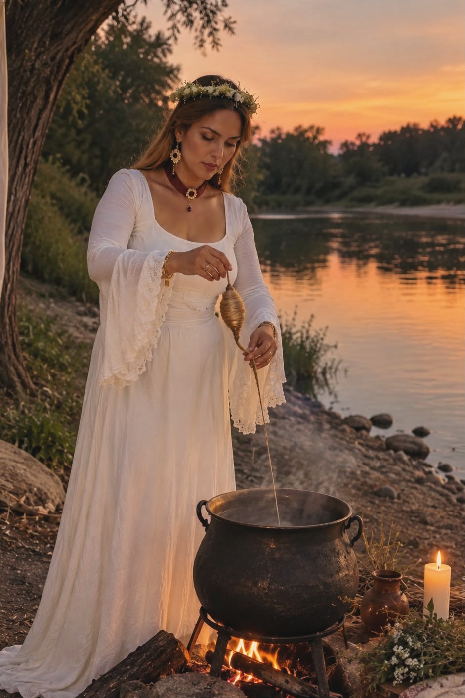 Izabela, cu o coroniță de flori pe cap, la malul râului în lumina apusului, turnând ceară topită într-un ceaun pus pe foc.