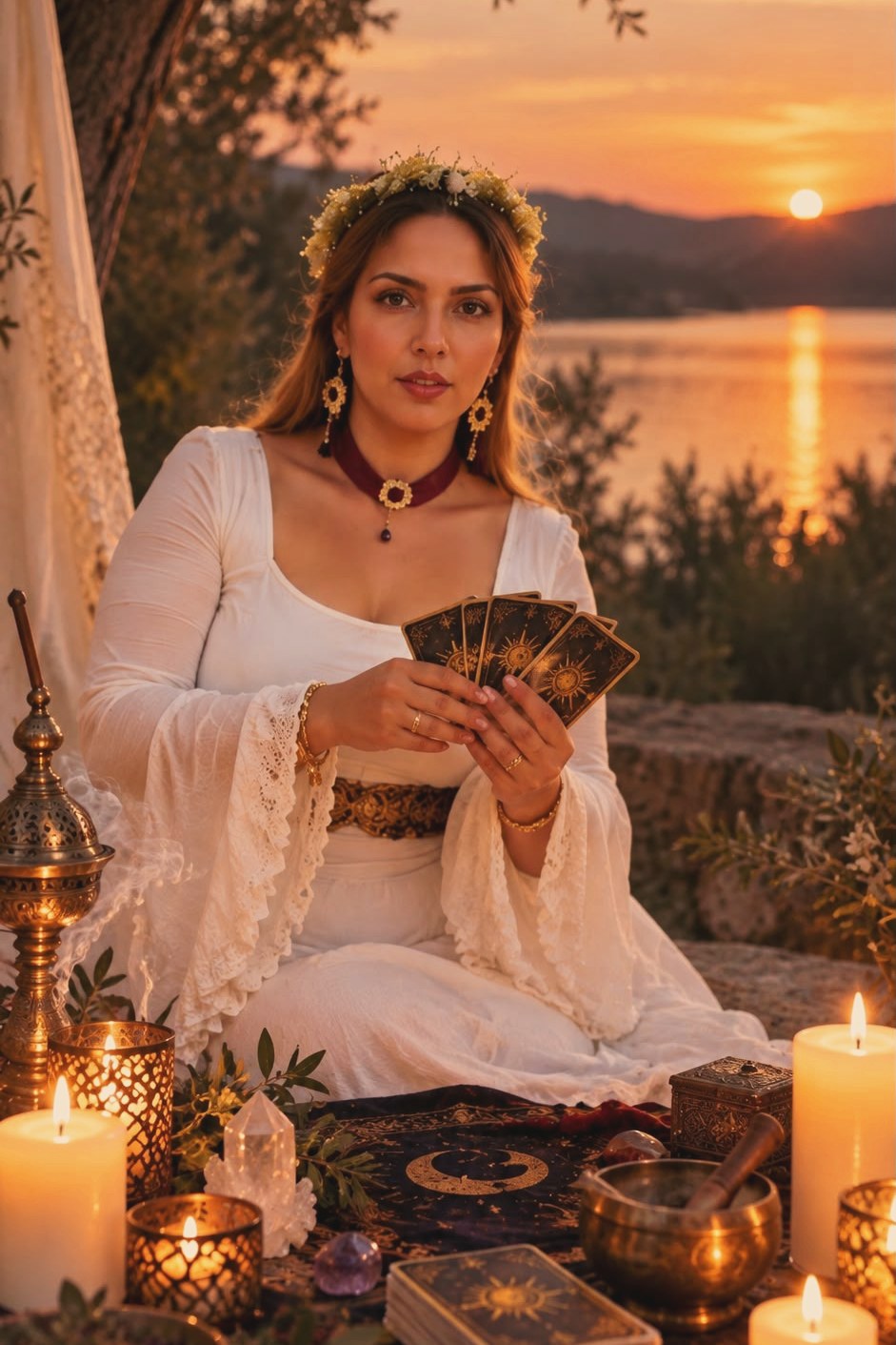 Izabela, cu o coroniță de flori pe cap, așezată la malul apei în lumina apusului, ținând în mâini un evantai de cărți de tarot, între lumânări aprinse.