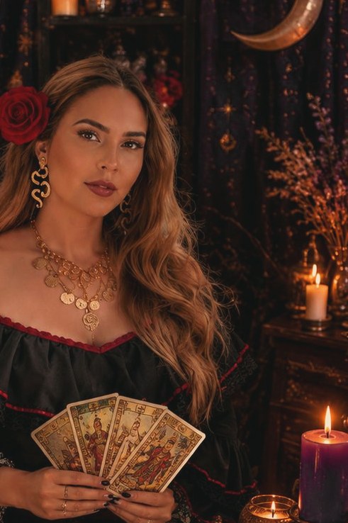 Izabela, privind spre cameră, cu un trandafir roșu în păr și cărți de tarot în mâini.