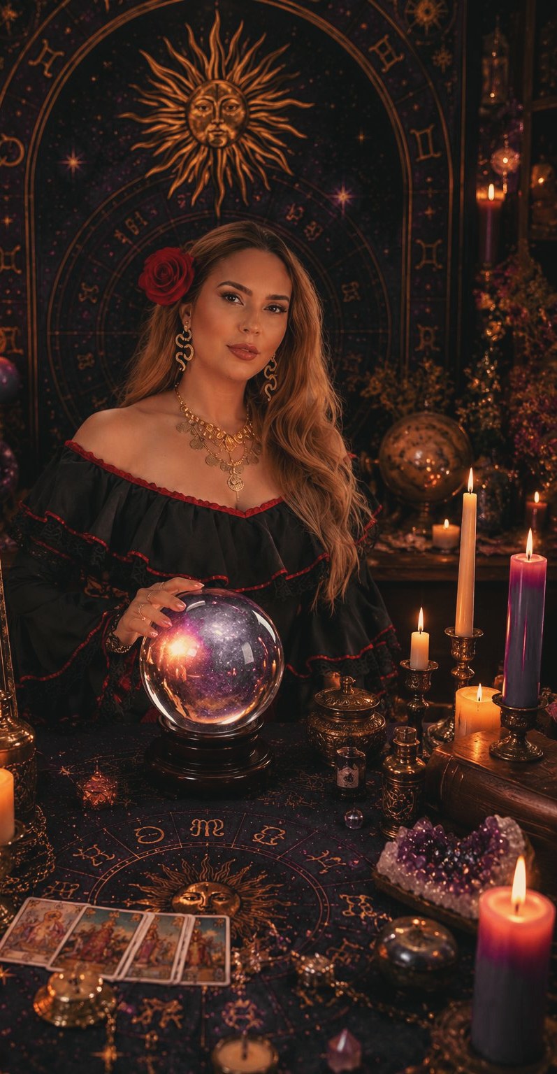 Izabela cu mâna pe un glob de cristal luminat, între lumânări aprinse.