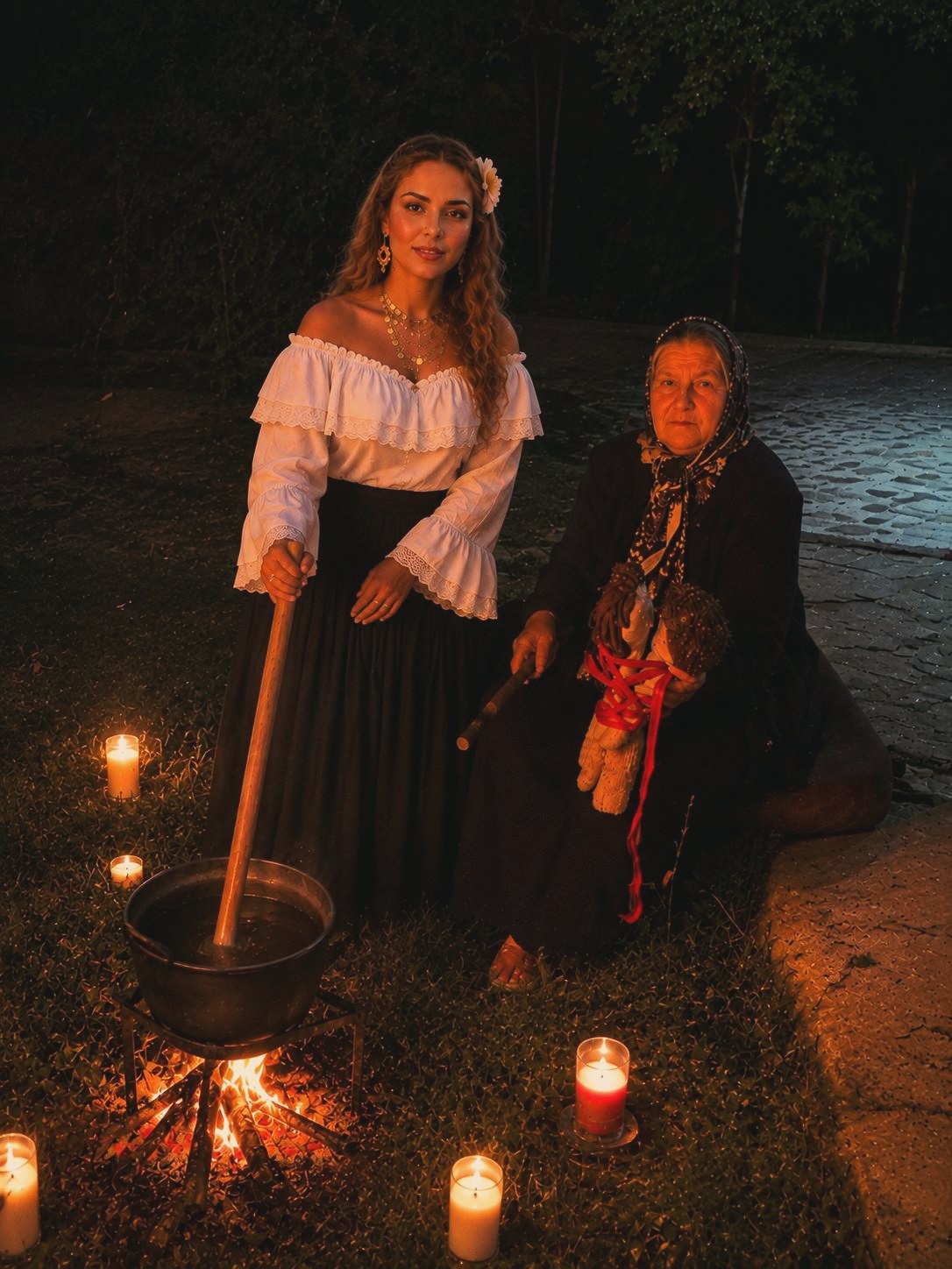 Izabela și bunica ei, la malul râului, lângă un ceaun pus pe foc, între lumânări aprinse.