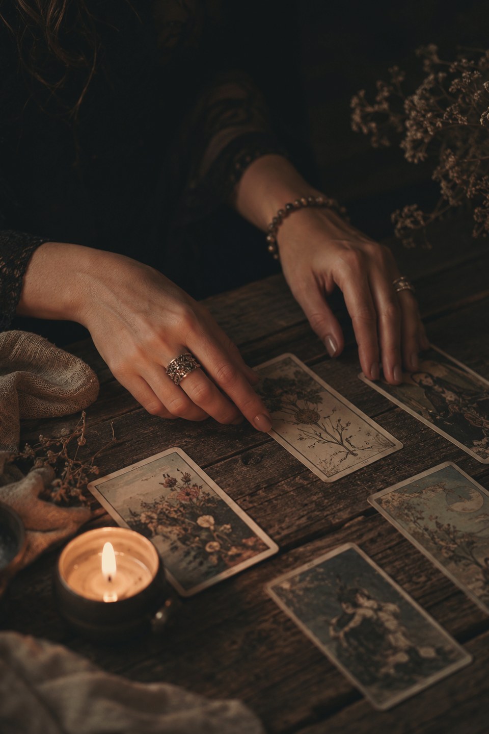Mâinile Izabelei așezând cărți de tarot pe o masă de lemn, la lumina unei lumânări.