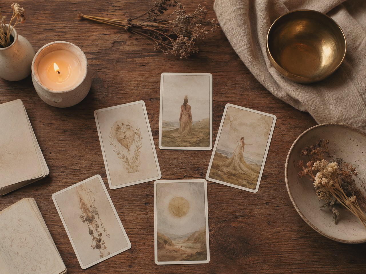 Masa de lucru a Izabelei, văzută de sus: cărți de tarot desfășurate, o lumânare aprinsă, un vas de alamă și flori uscate.